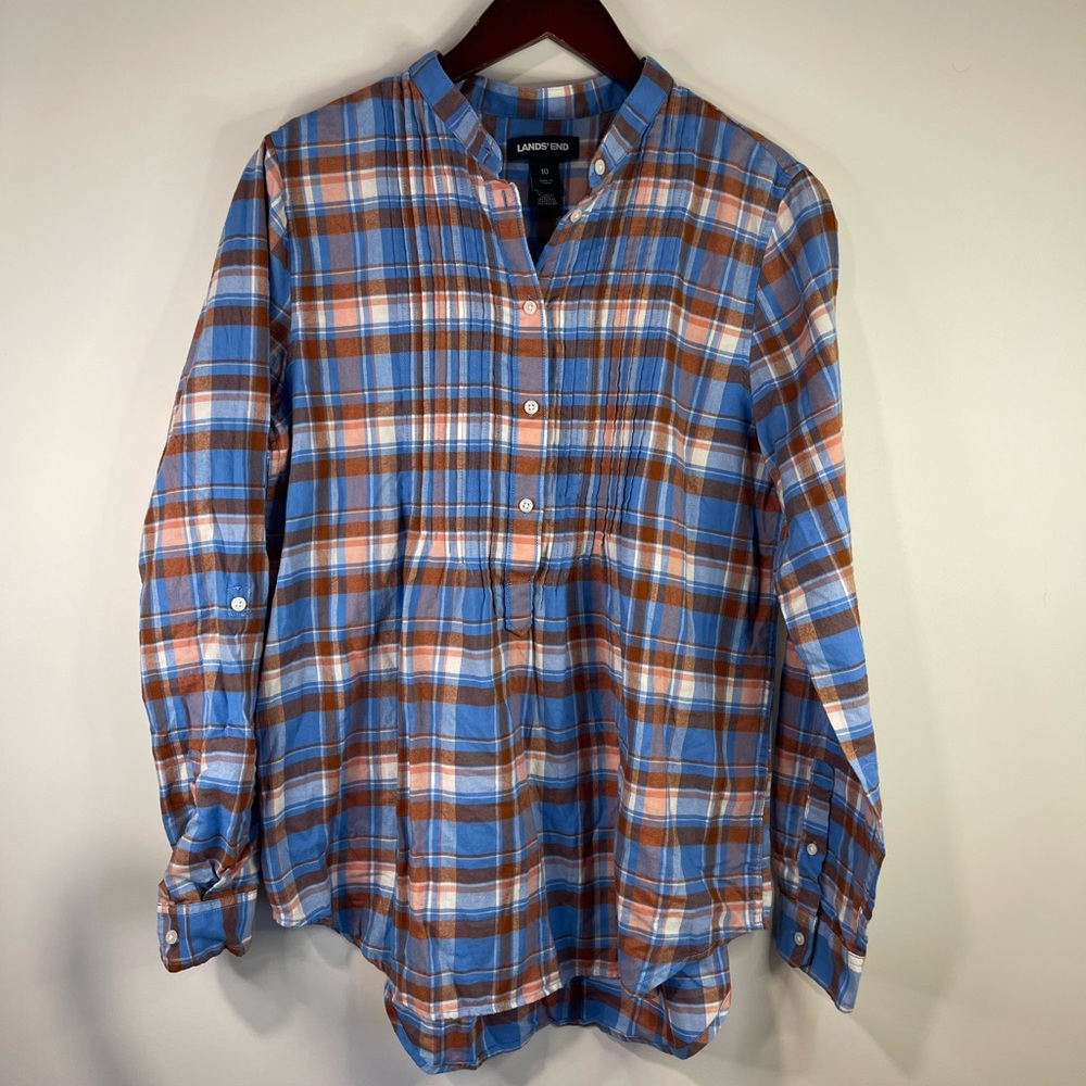Lands' End Women's Blue and Brown‎ Plaid Blouse